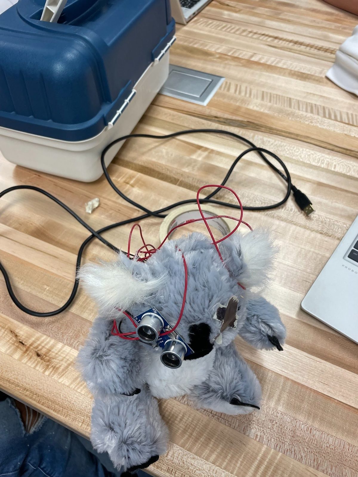 Stuffed koala toy rigged with an ultrasonic distance sensor for eyes