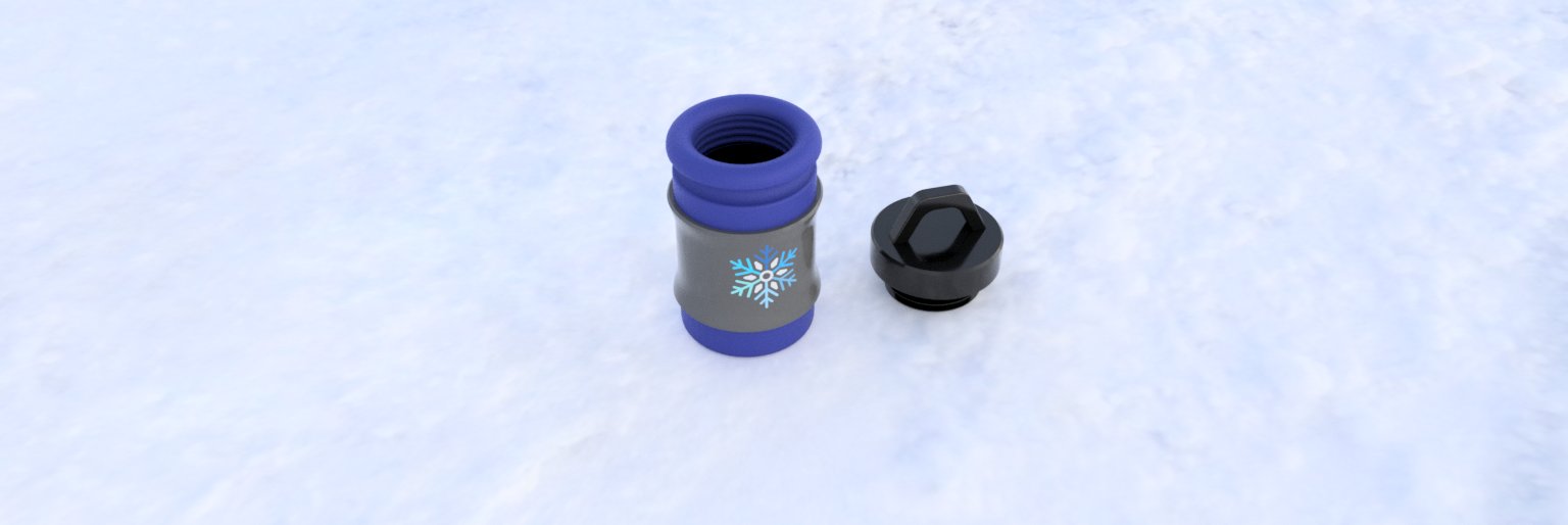 Rendered gray water bottle with a snowflake logo and black cap, composited into a snowy scene