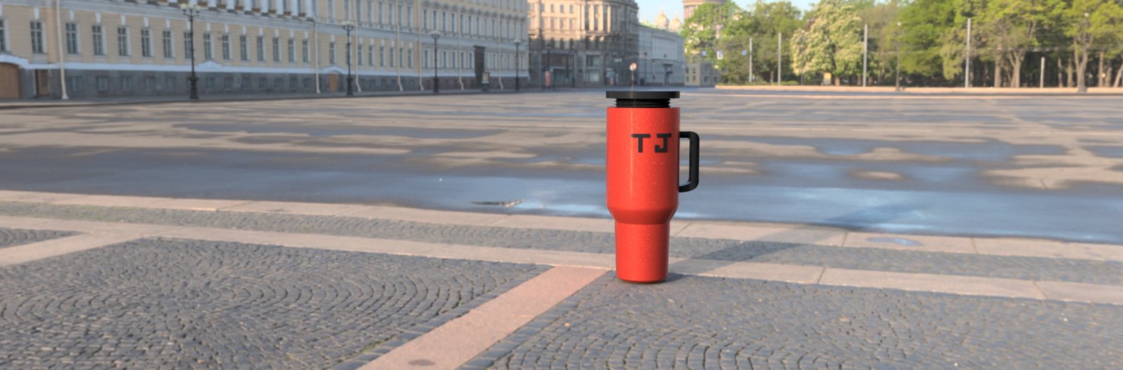 Rendered red travel mug with a handle and monogram, composited into an outdoor plaza scene