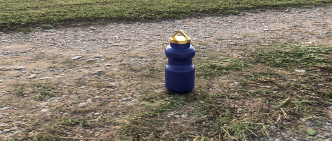 Rendered navy water bottle with a gold cap, composited into an outdoor grass and gravel scene