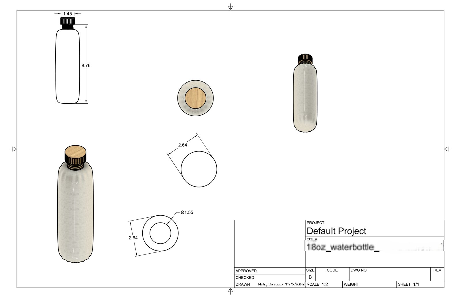 Fusion 360 technical drawing of an 18oz water bottle with dimensioned orthographic views