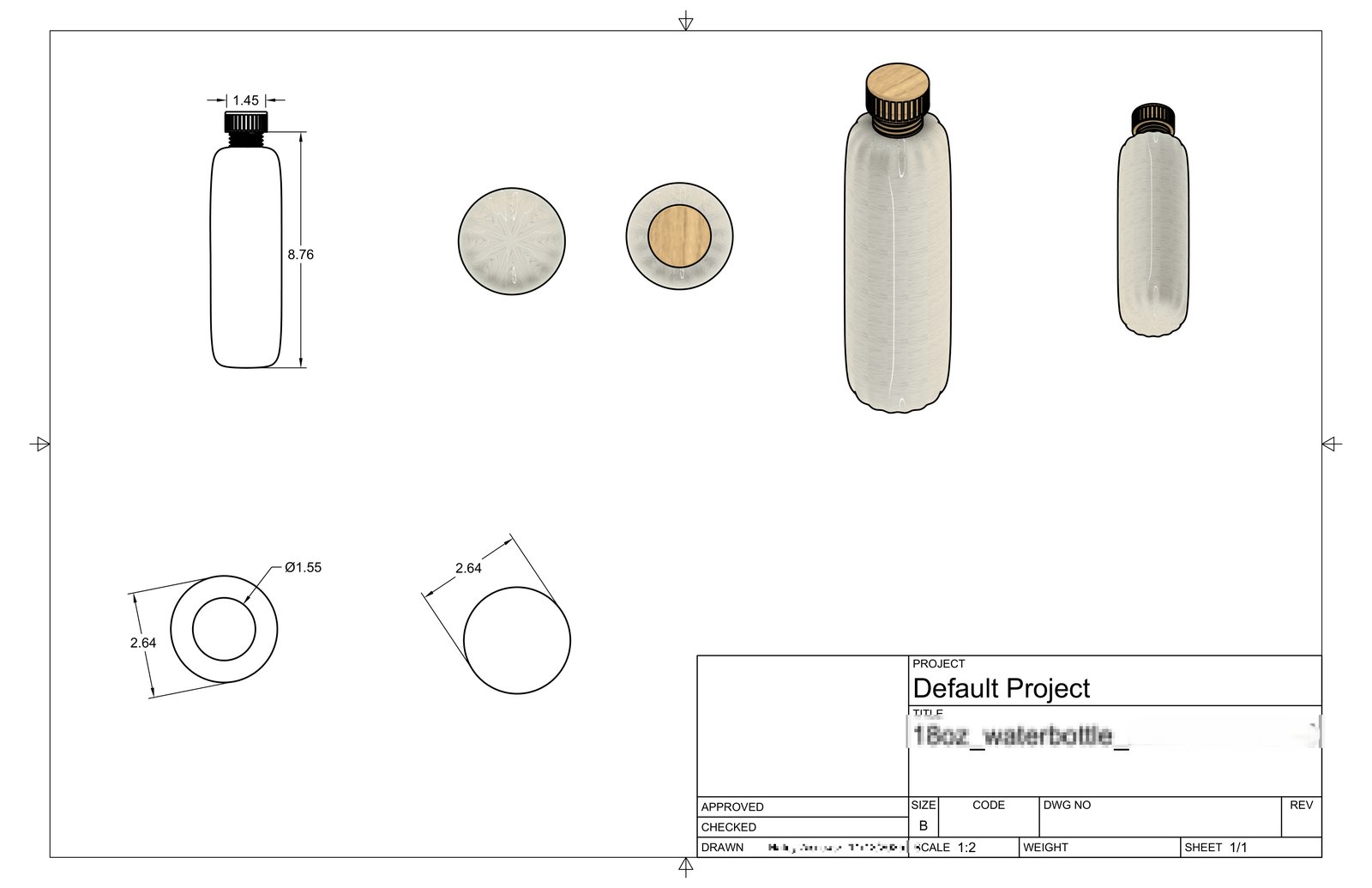 Fusion 360 technical drawing of an 18oz water bottle with additional orthographic views