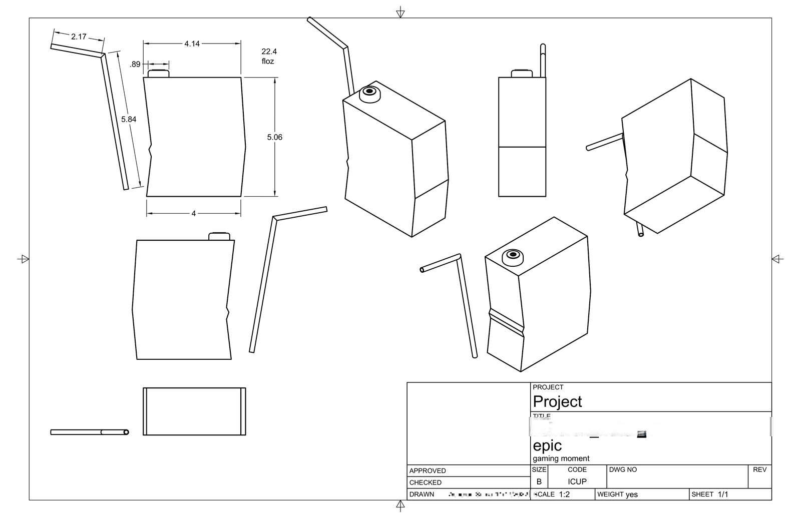 Fusion 360 technical drawing of a gaming-themed water bottle with a built-in straw