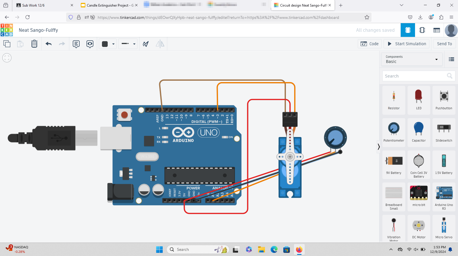TinkerCad circuit diagram for the candle extinguisher, showing an Arduino Uno wired to a servo and potentiometer
