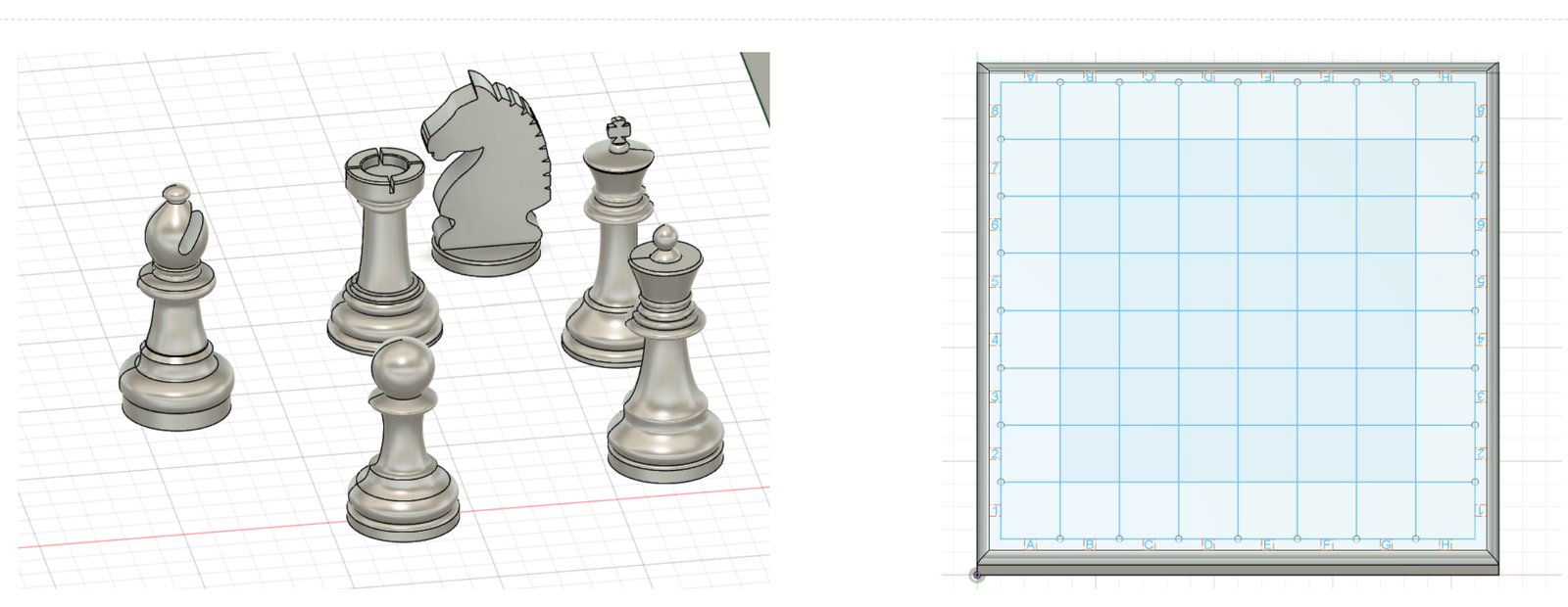Fusion 360 render of a set of chess pieces including bishop, rook, knight, king, queen, and pawn