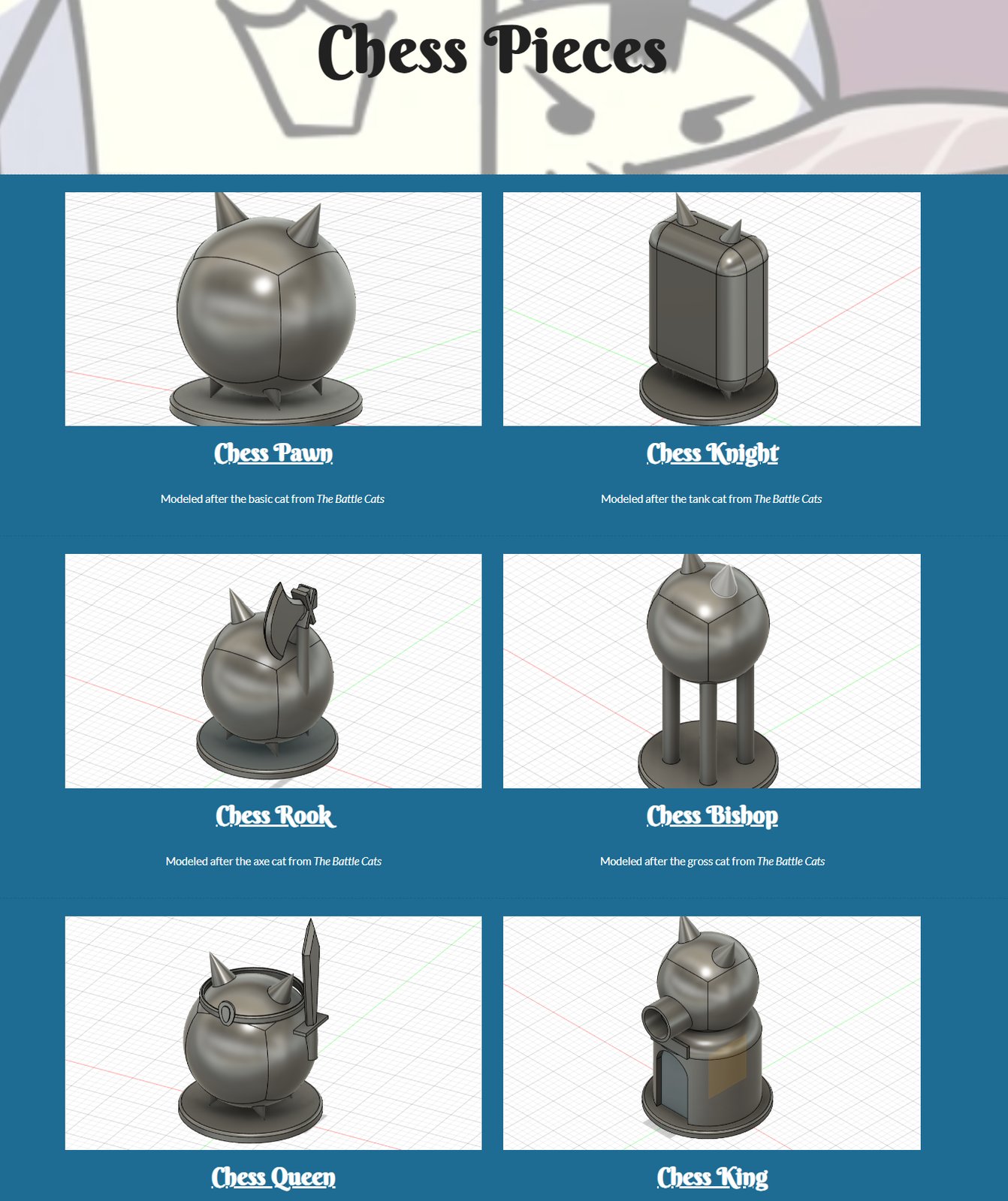 Reference webpage showing Battle Cats-themed 3D-printable chess pieces used as design inspiration