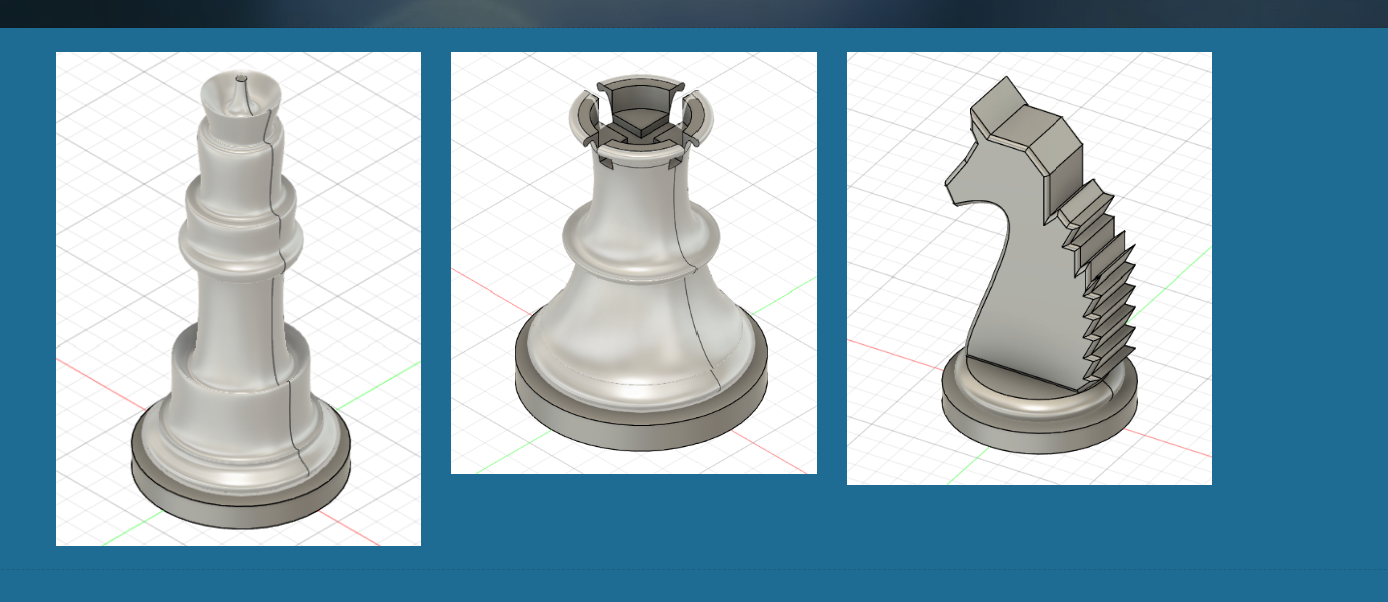 Close-up Fusion 360 renders of a chess queen and knight piece