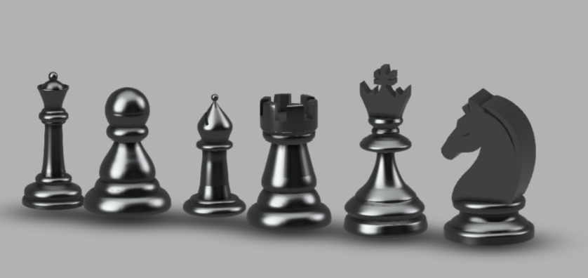 Rendered black chess set lineup with king, queen, rook, bishop, knight, and pawn