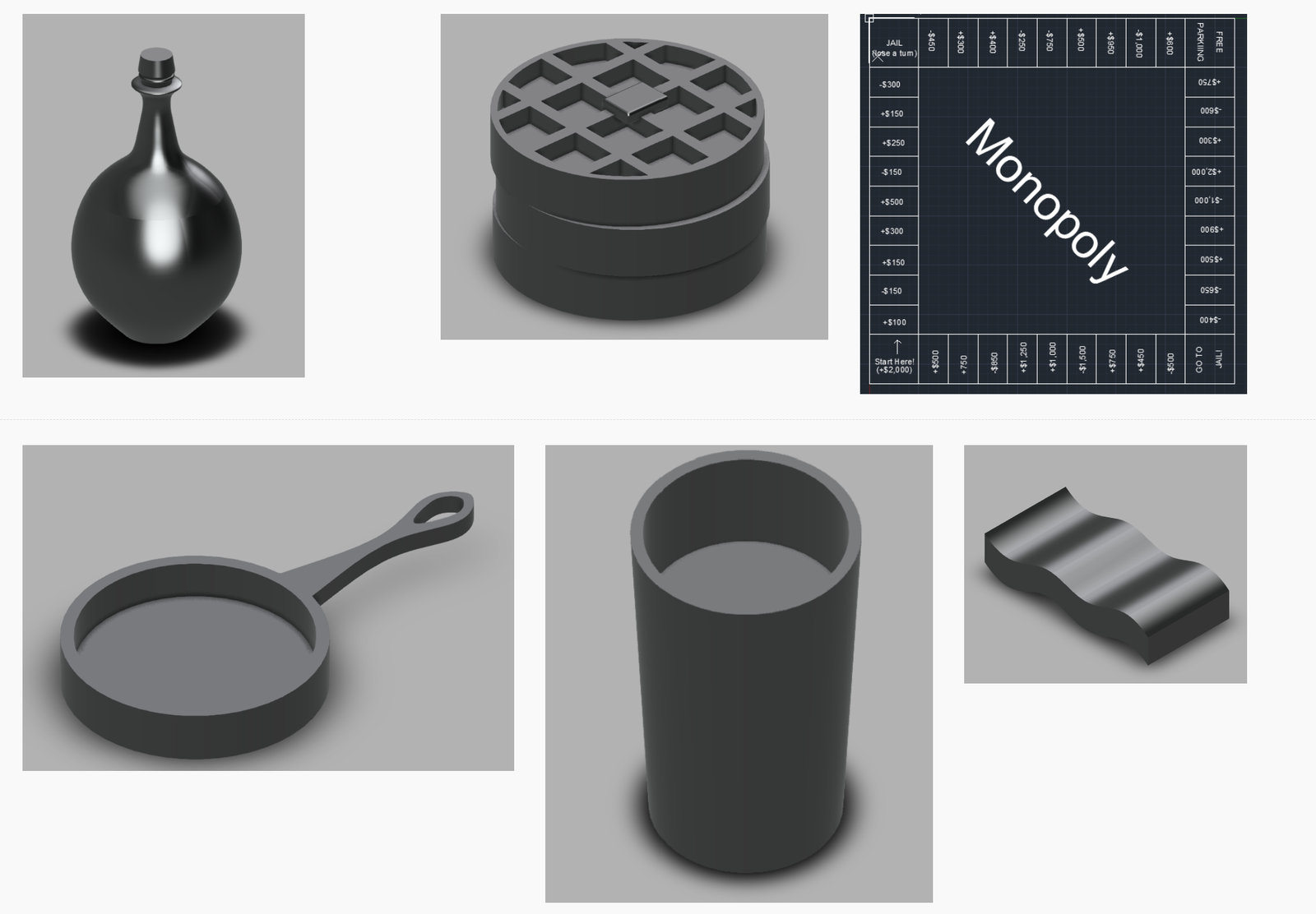 Collage of rendered board game pieces including a bottle, stacked tokens, a custom Monopoly board, and other pieces