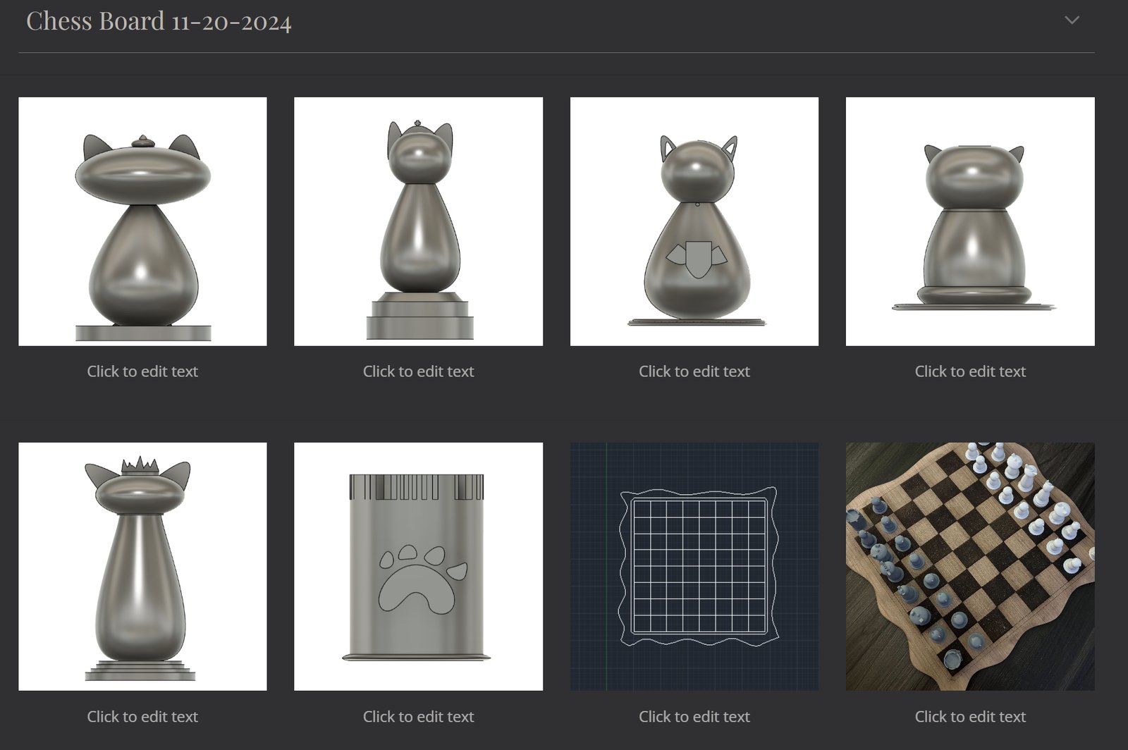 Design page for a cat-themed chess set with rendered pieces and a finished wooden chess board