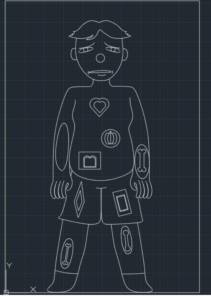 CAD outline drawing of an Operation board game character with cutout cavities for the heart, funny bone, wishbone, and other pieces