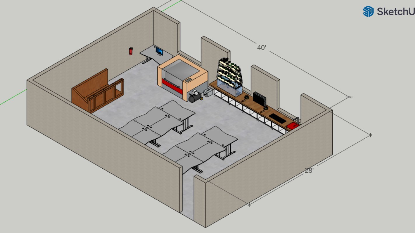 3D isometric CAD rendering of the full planned lab, including pod desks, a laser cutter, and an aquaponics tower