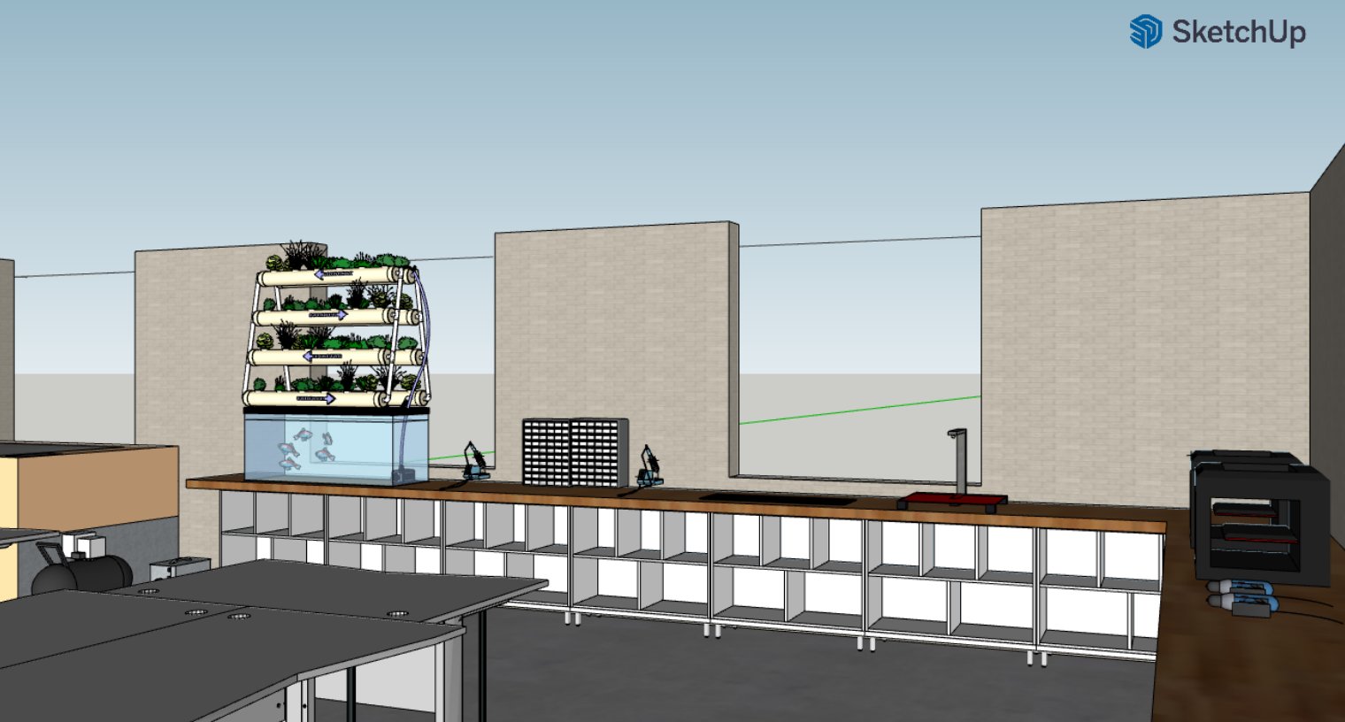 CAD rendering detail of the planned aquaponics tower and workbench with storage cubbies