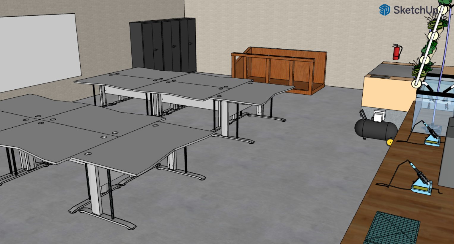CAD rendering detail of the planned pod desks, lockers, and soldering stations