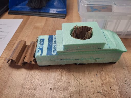 Foam CO2 car in progress with a cardboard tube forming the cartridge channel