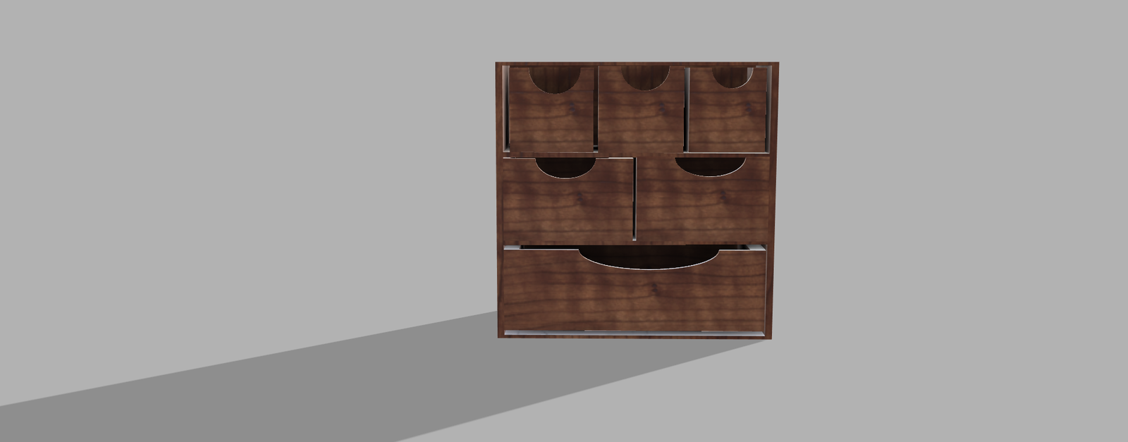 Rendered wood-grain drawer cabinet with multiple drawers open