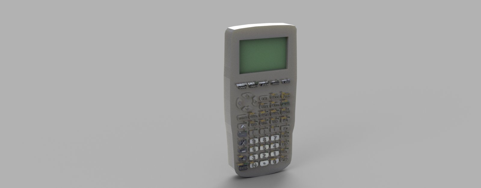 Rendered graphing calculator with a modeled button layout and screen