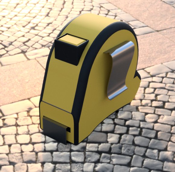 Rendered yellow and black tape measure composited onto a cobblestone street