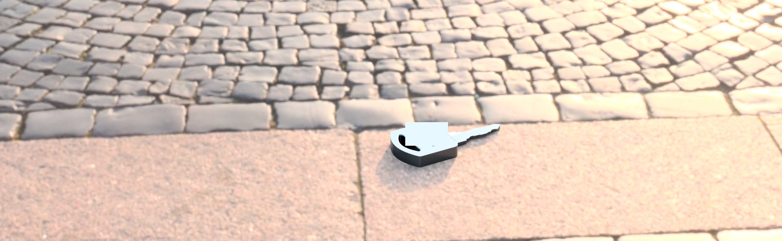 Rendered key composited onto a cobblestone street