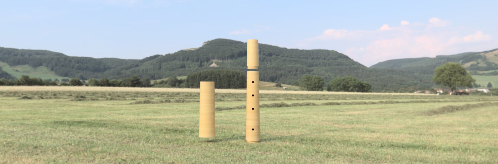 Rendered recorder-style instrument pieces composited into a grassy field