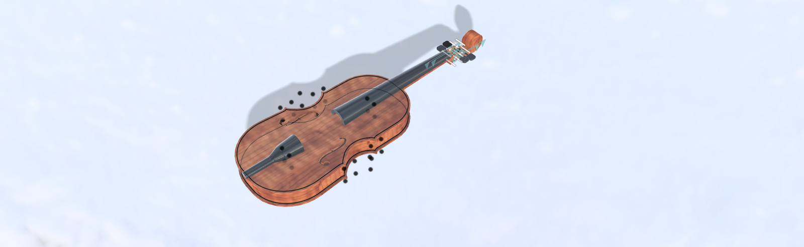 Rendered violin with an exploded-view cutaway showing internal bracing