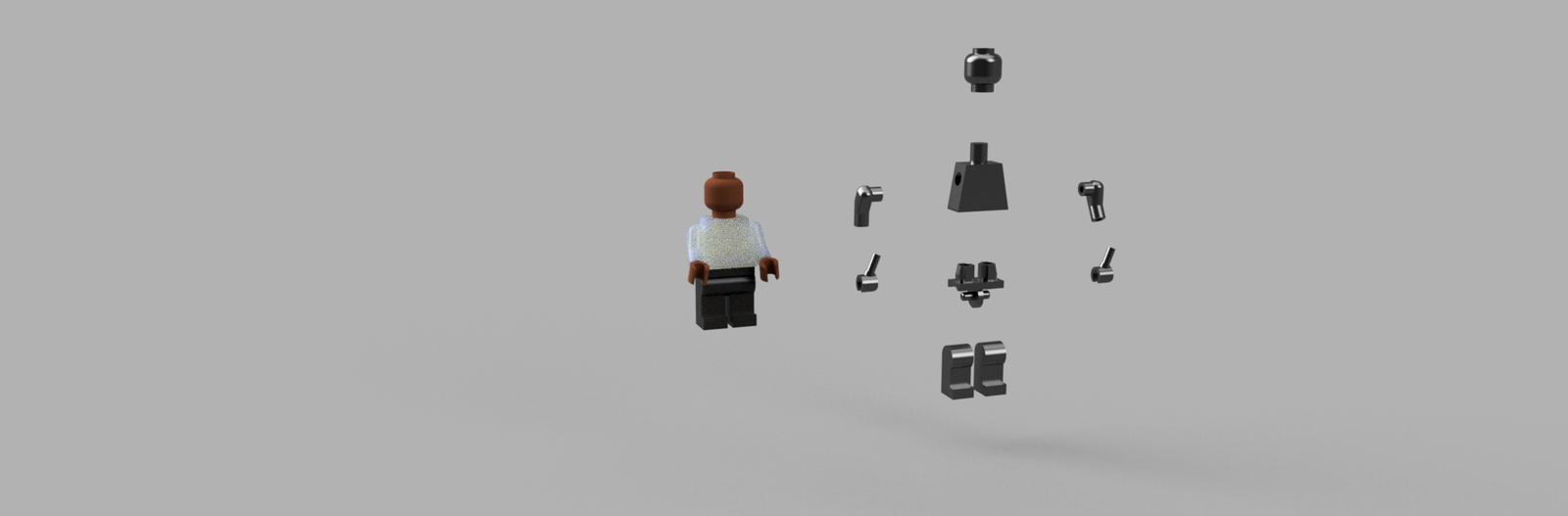 Rendered LEGO minifigure with its component pieces exploded apart