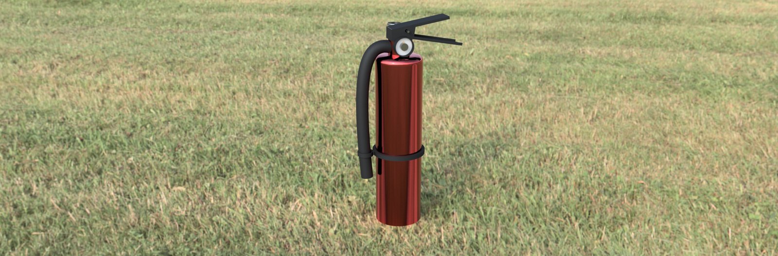 Rendered fire extinguisher composited into an outdoor grass scene
