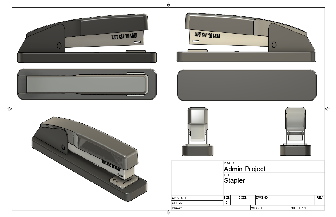 Fusion 360 technical drawing of a digitized stapler with orthographic views
