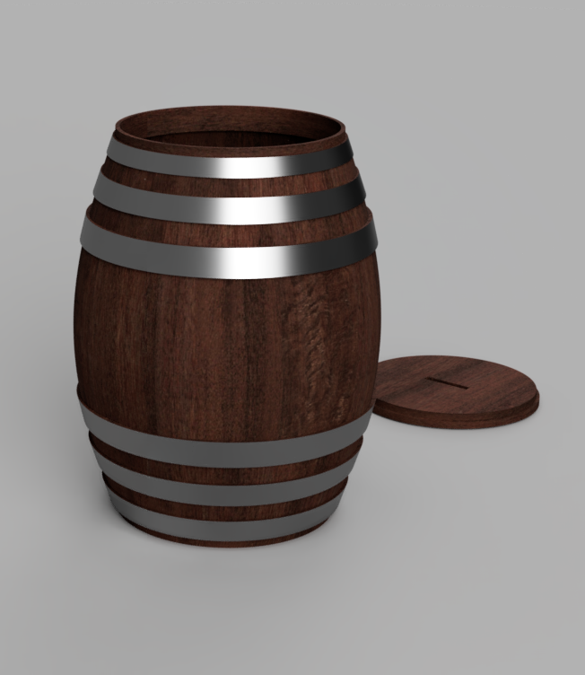 Rendered wooden barrel with metal bands and a removable lid