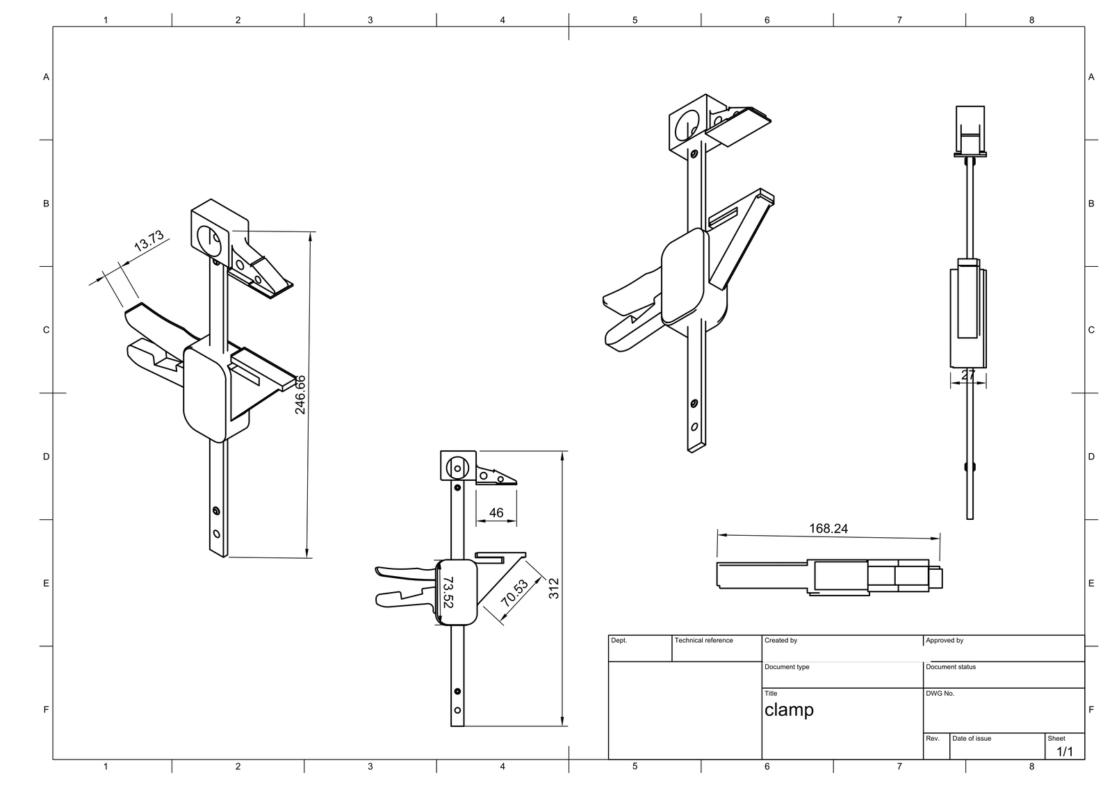 Fusion 360 technical drawing of a digitized clamp with dimensioned views