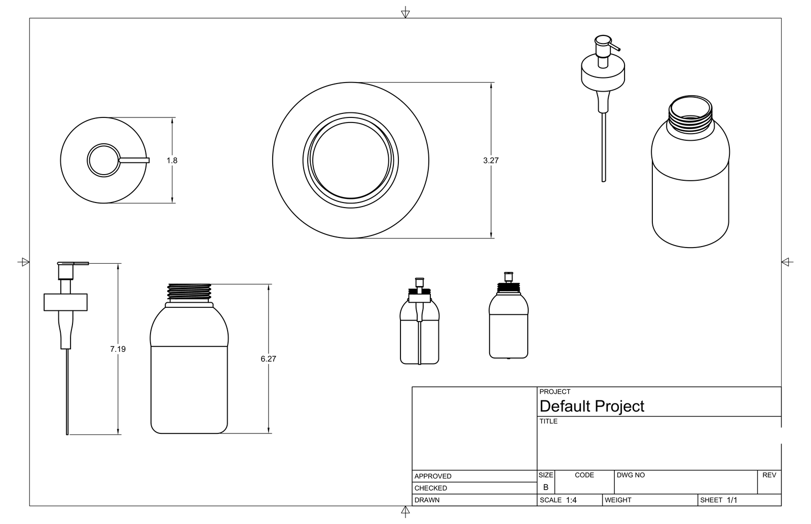 Fusion 360 technical drawing of a digitized hand sanitizer bottle and pump