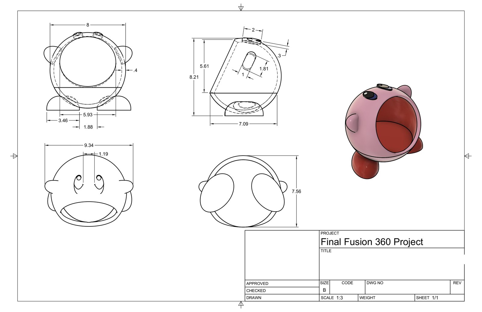 Fusion 360 technical drawing of a Kirby-shaped holder with dimensioned views