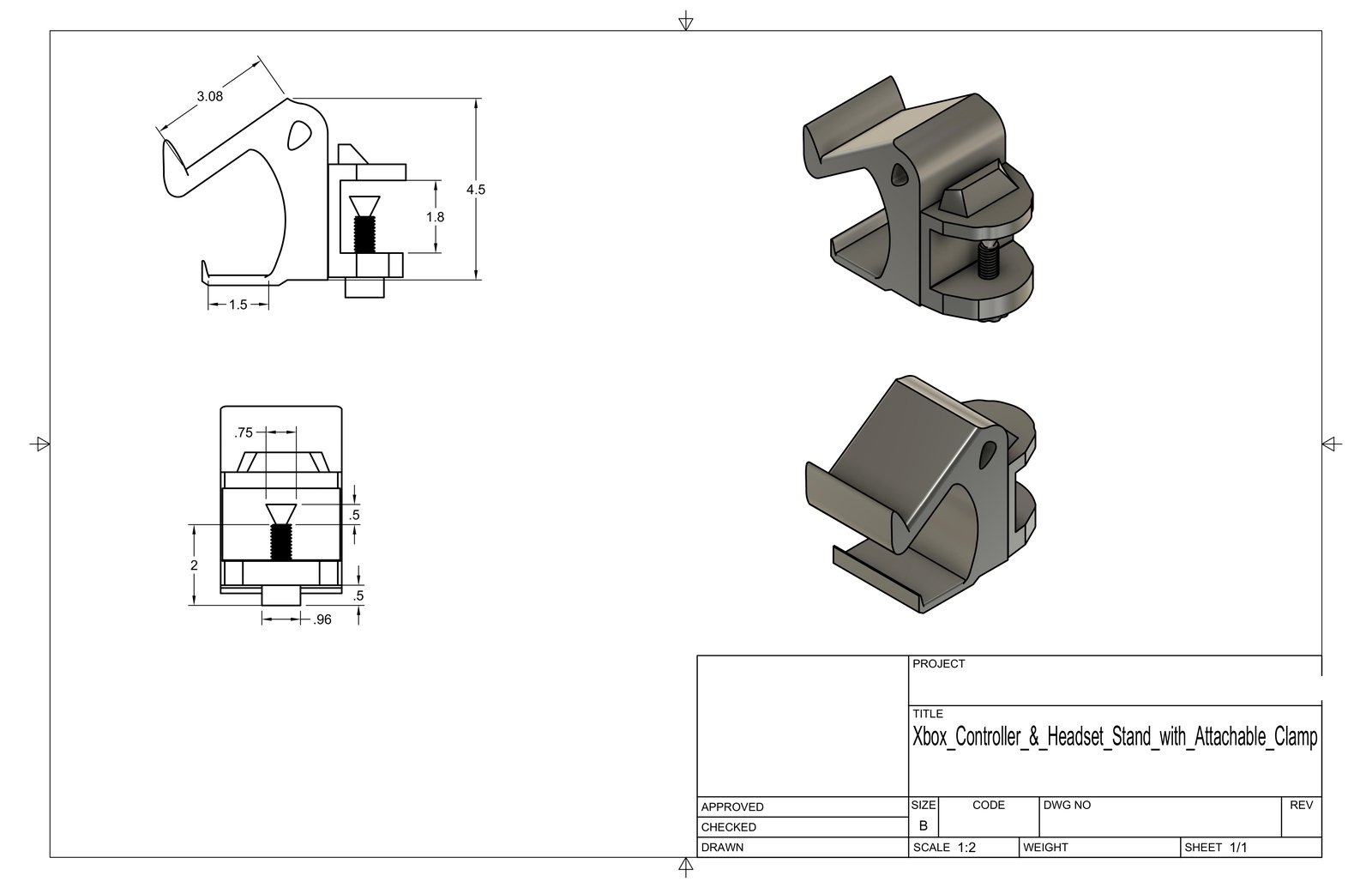 Fusion 360 technical drawing of an Xbox controller and headset stand with an attachable clamp