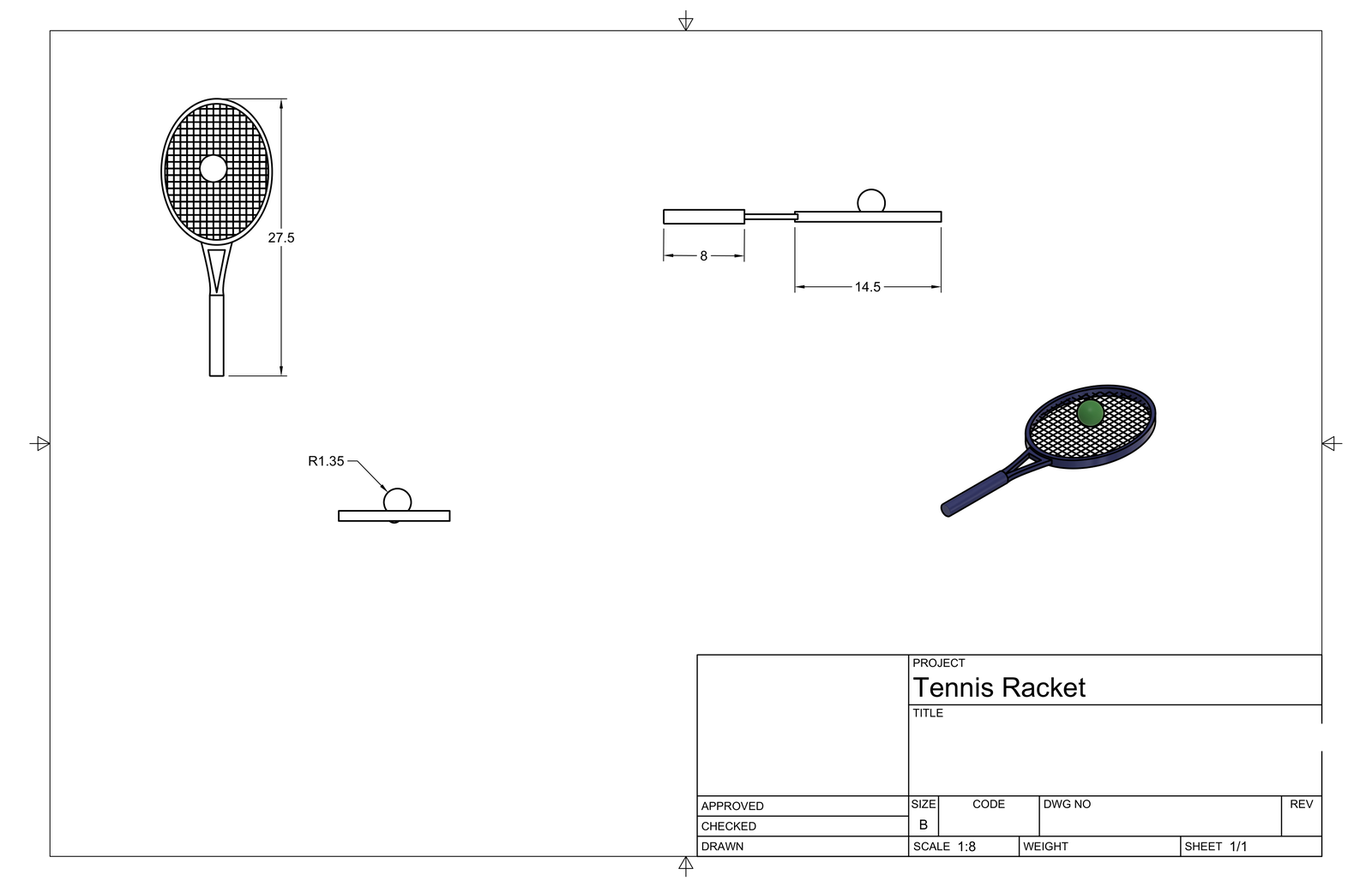Fusion 360 technical drawing of a digitized tennis racket with dimensioned views