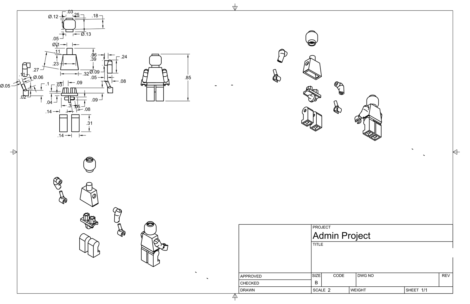 Fusion 360 technical drawing of a LEGO minifigure with exploded parts and dimensions