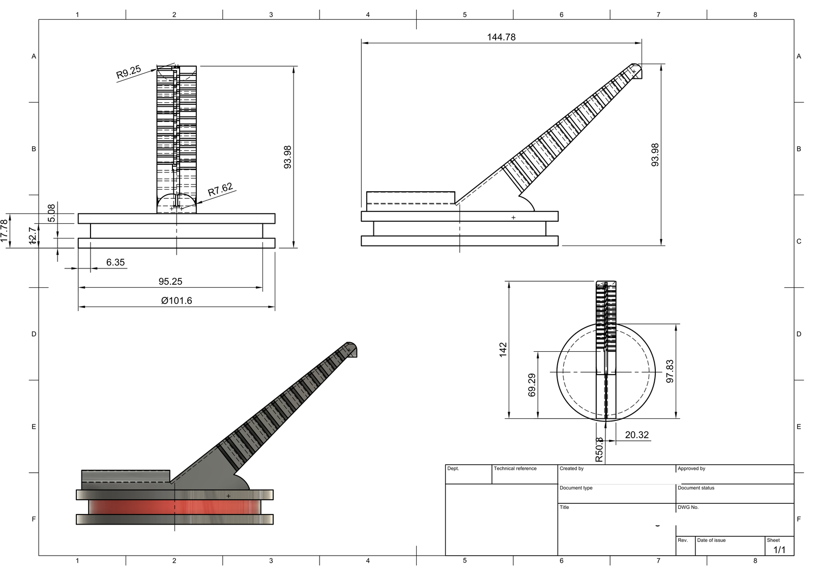 Fusion 360 technical drawing of a mouse bungee stand with dimensioned views
