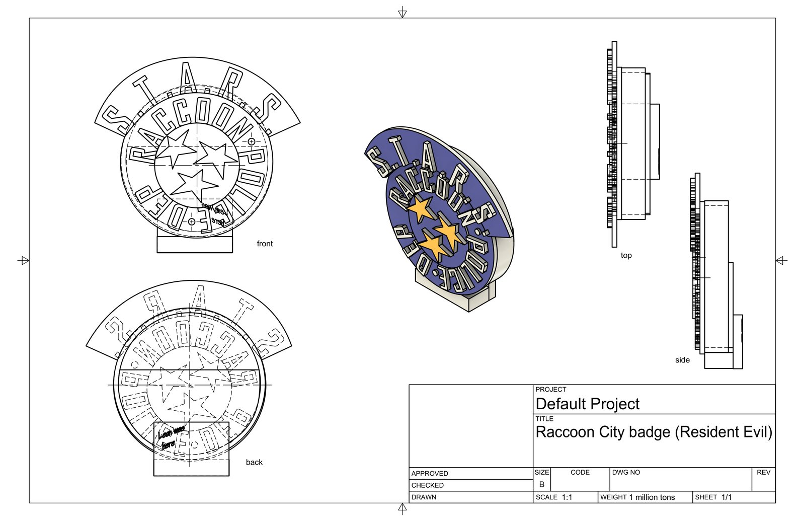 Fusion 360 technical drawing of a Raccoon City police badge from Resident Evil