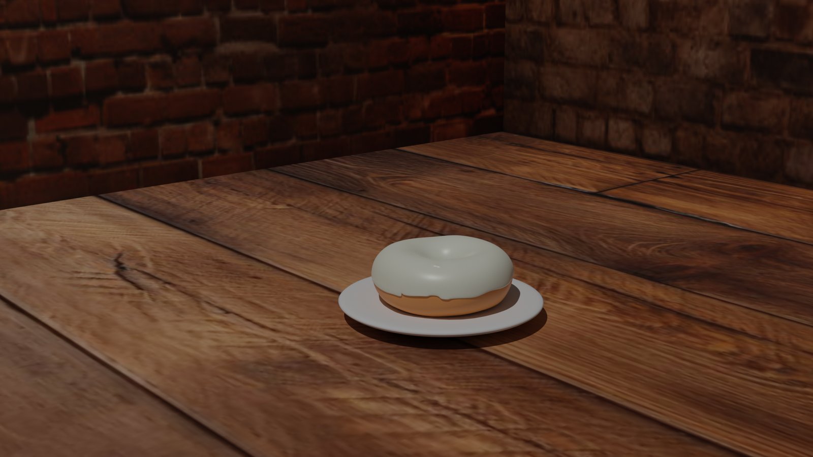 Mint-glazed donut on a plate rendered on a wood table against a brick wall
