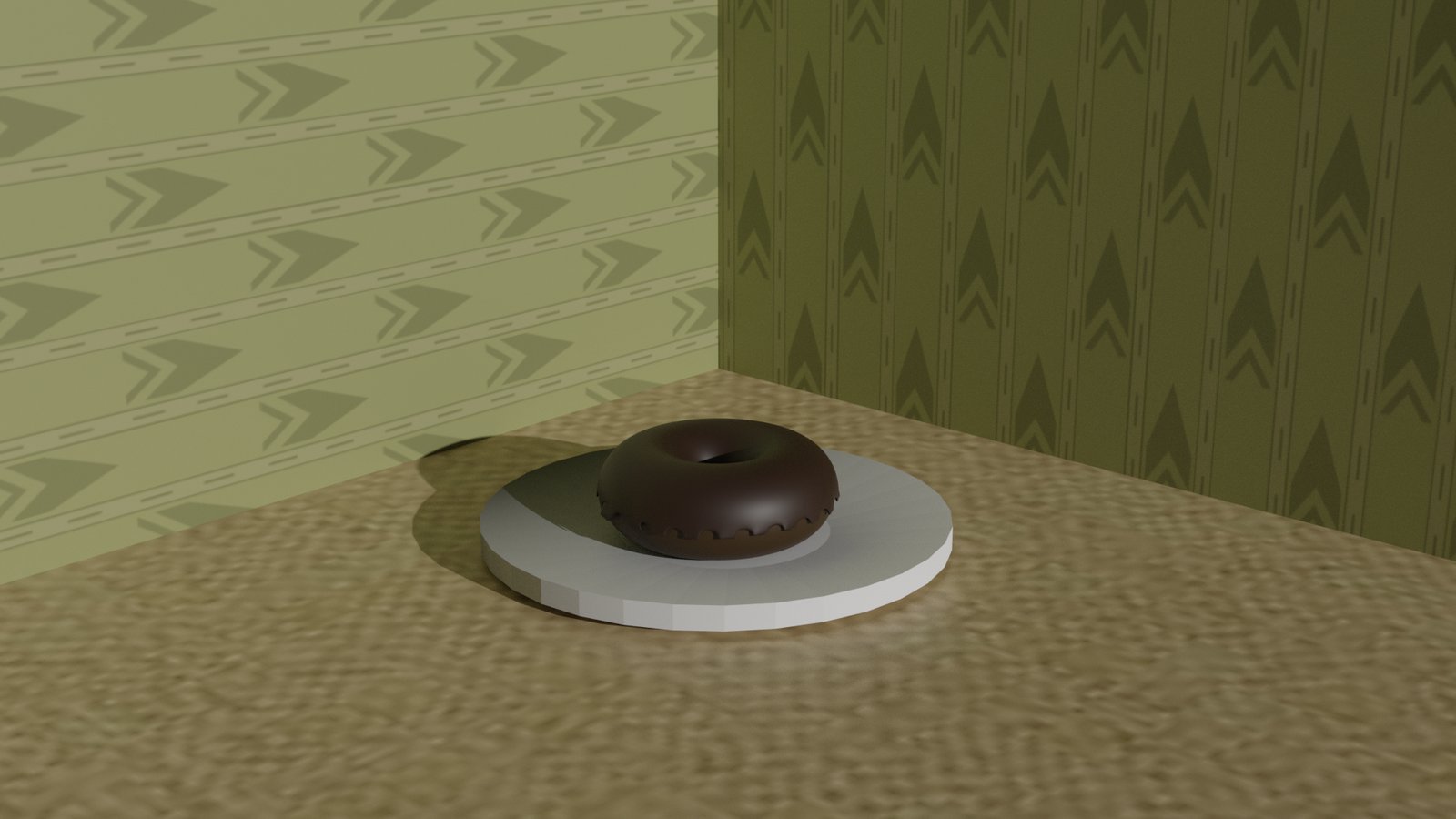 Dark chocolate donut on a plate rendered in a room corner with patterned wallpaper