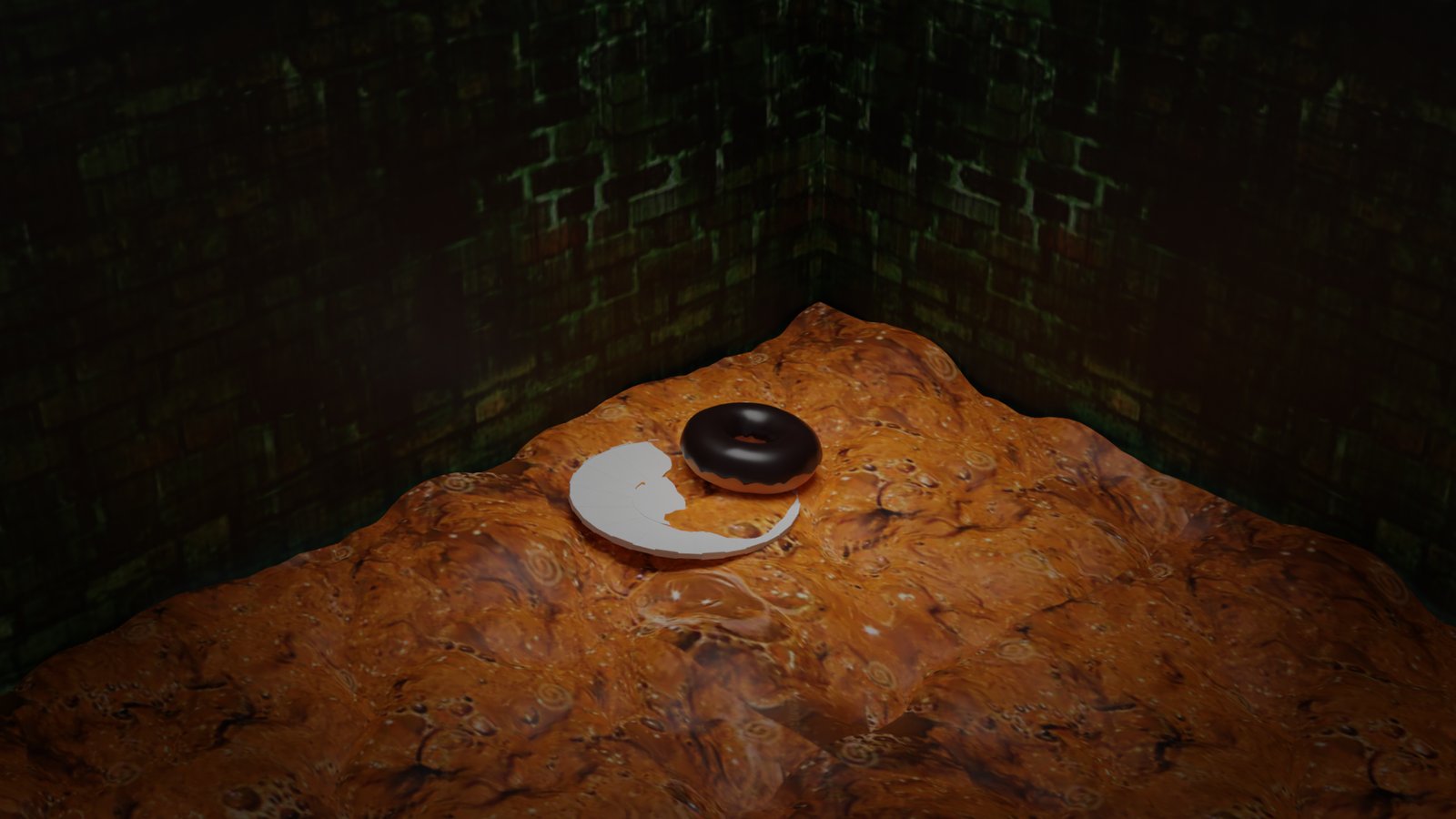 Chocolate donut with a bite taken out of the plate rendered against a dark green brick wall