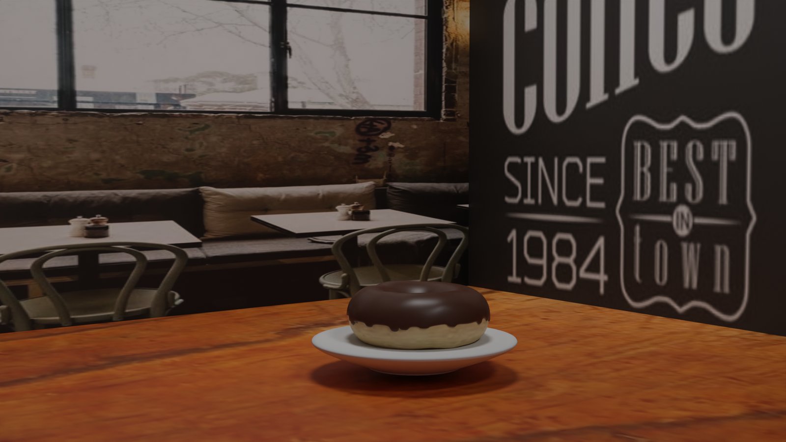 Chocolate-glazed donut rendered on a table in a coffee shop scene with wall signage