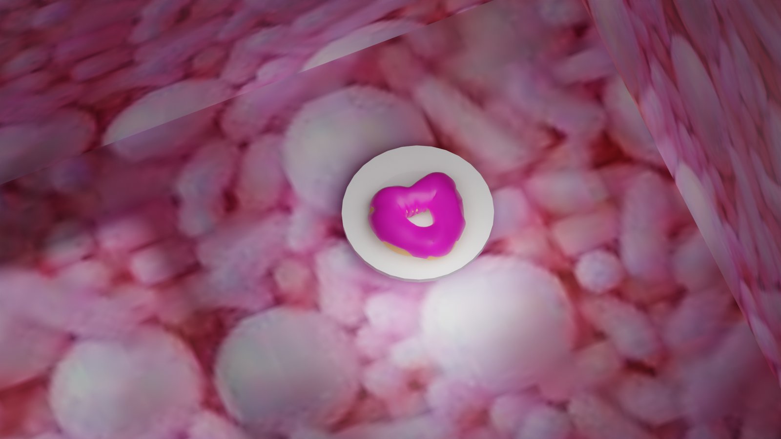 Pink heart-shaped glazed donut rendered against a soft blurred pink background