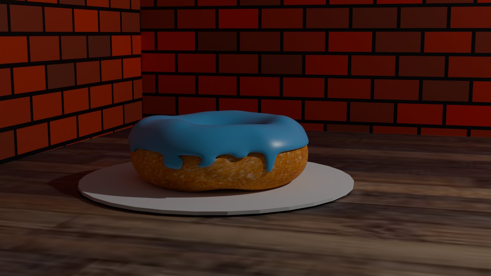 Blue-glazed donut rendered on a wood floor against a brick wall