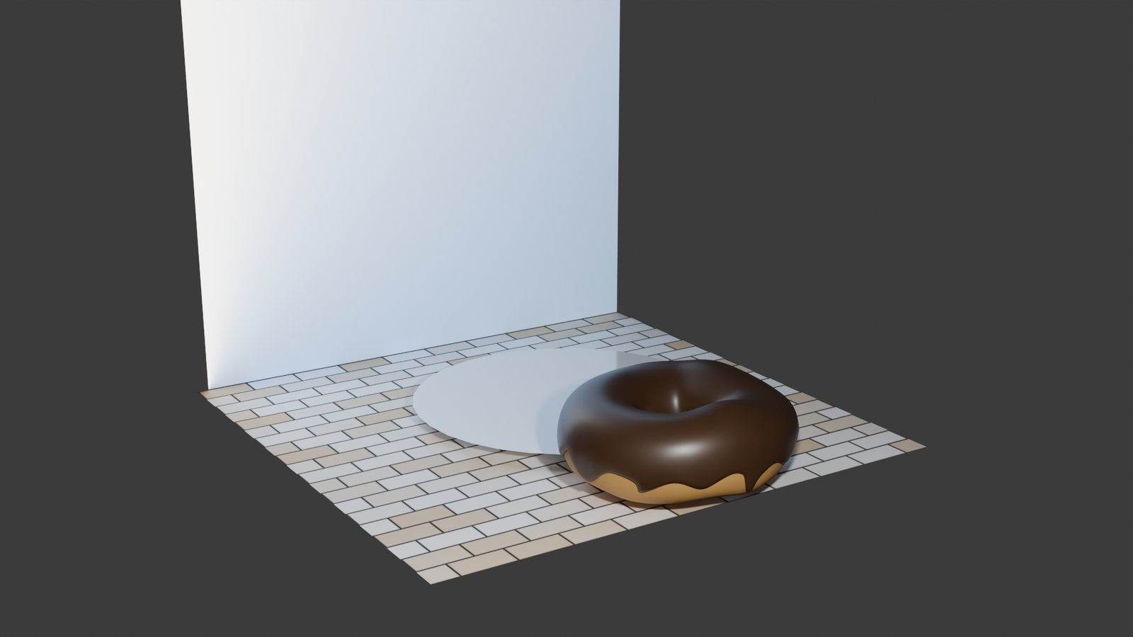 Chocolate donut rendered on a tiled floor in a plain studio corner