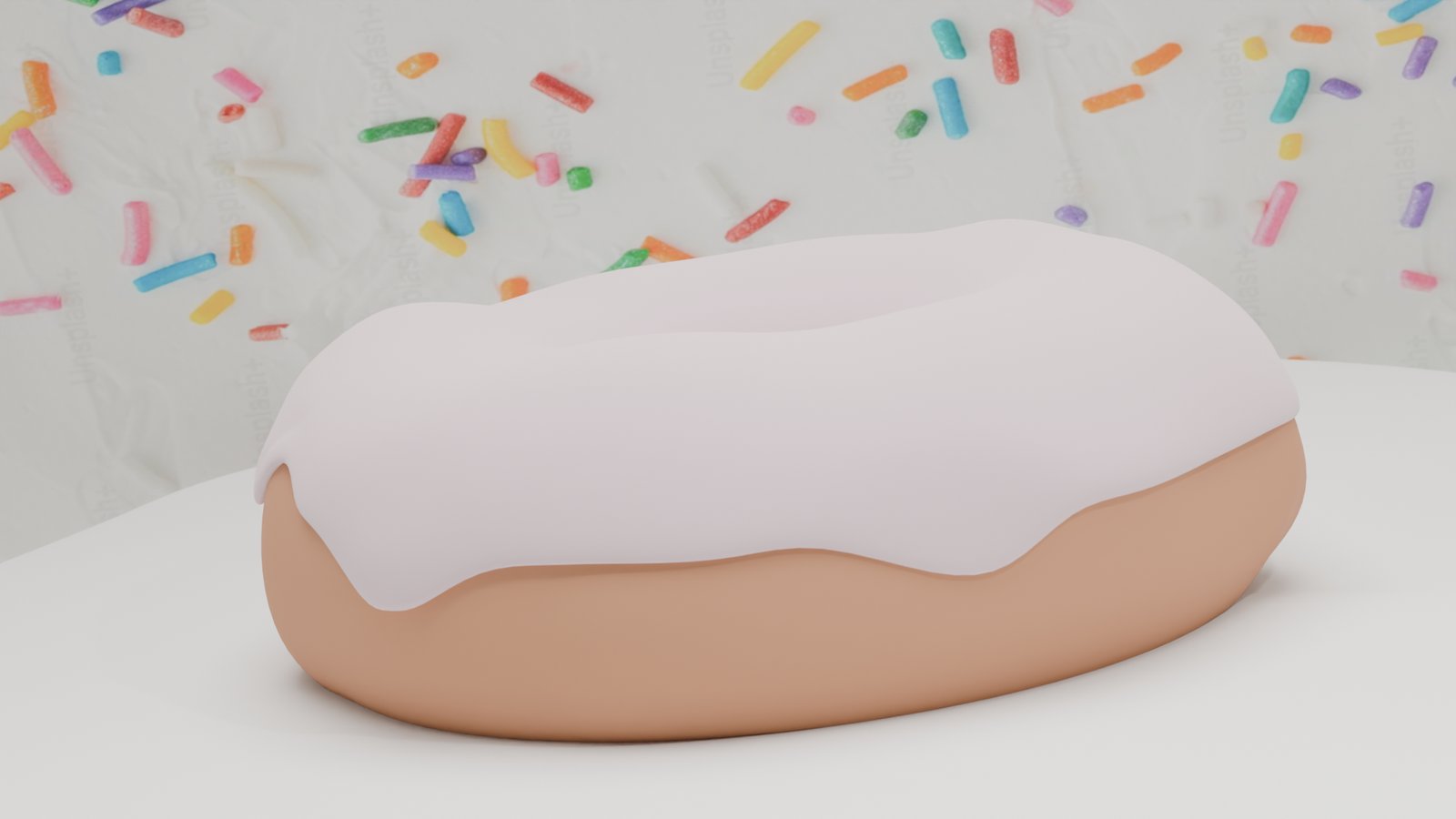White-glazed donut rendered against a background of colorful candy sprinkles