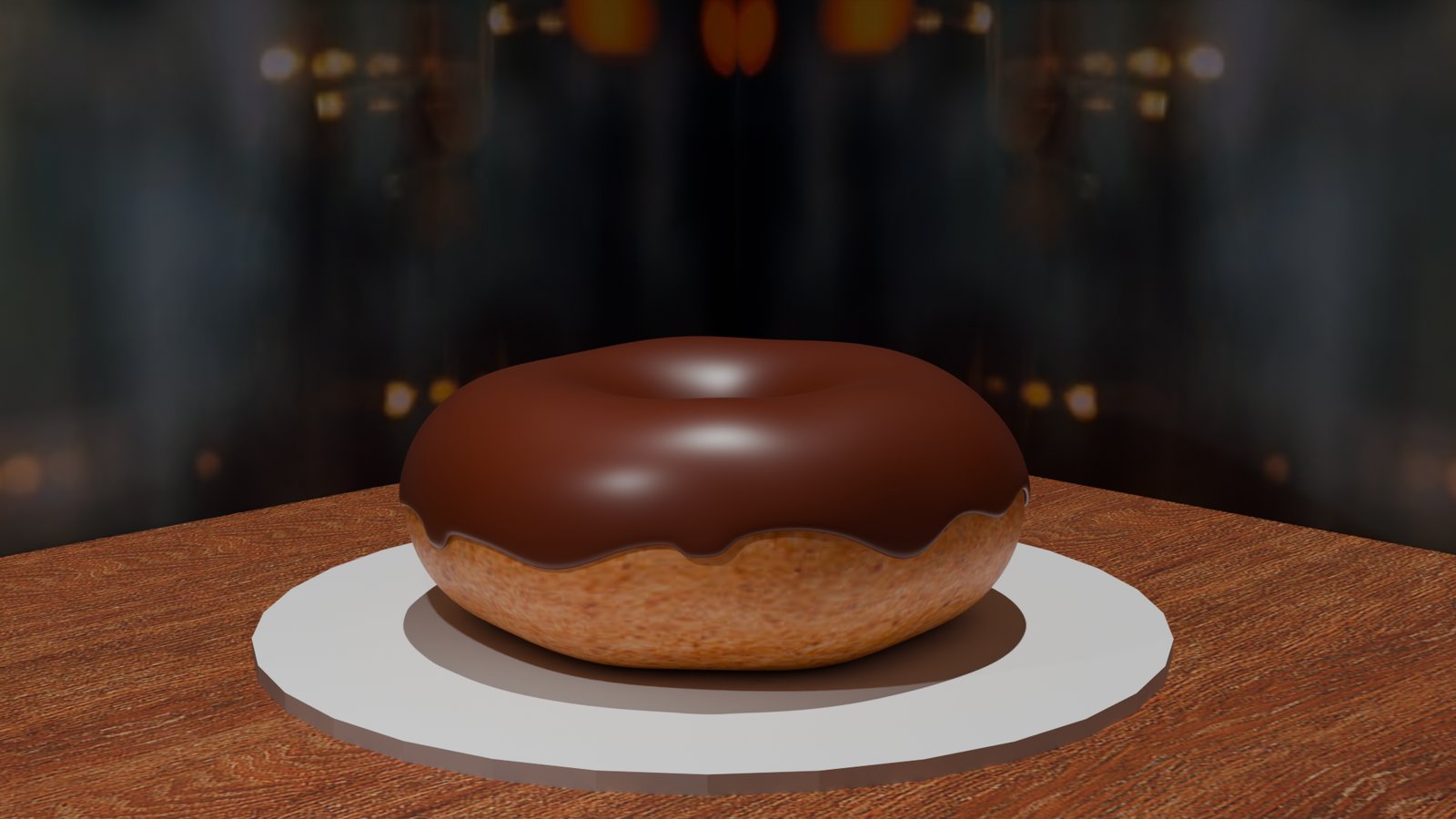 Glossy chocolate-glazed donut rendered on a wood table in a moody bar-like setting