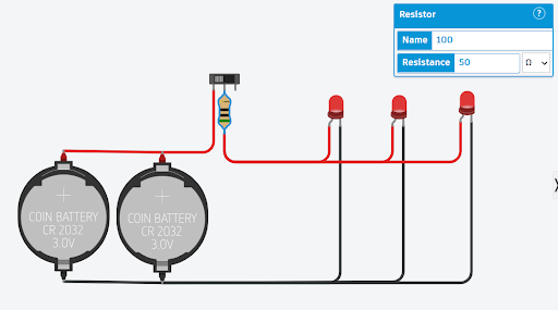Circuit simulator screenshot of an LED flashlight design with coin-cell batteries, a resistor, and three LEDs wired in parallel