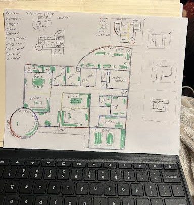 Hand-drawn initial floor plan sketch on notebook paper with a room legend