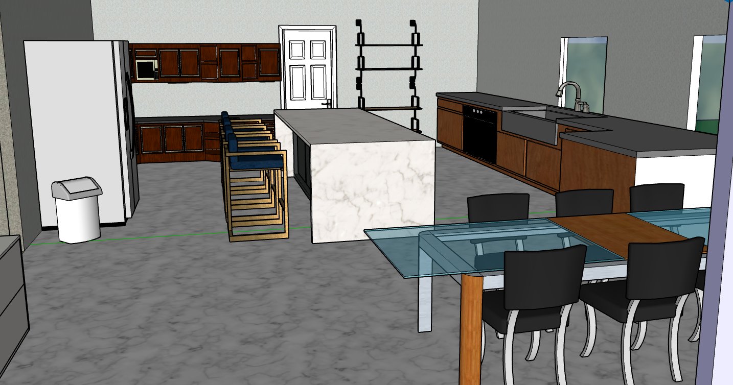 Rendered kitchen interior with a marble island, cabinetry, and dining table