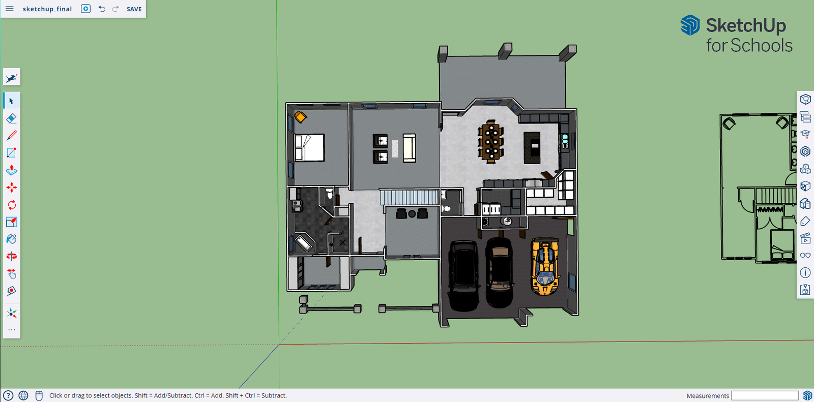 Rendered floor plan viewed from above showing bedrooms, living space, and a three-car garage